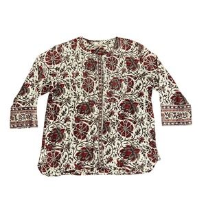 Anokhi Hand Block Print Cotton Floral Tunic Top Red Grey XL Pintuck 3/4 Sleeve